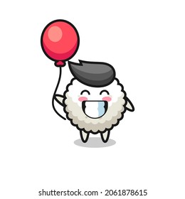 rice ball mascot illustration is playing balloon , cute style design for t shirt, sticker, logo element