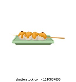 Rice balls topped with sweet sauce. Traditional Japanese dessert on wooden stick. Flat vector for recipe book, promo flyer or cafe menu