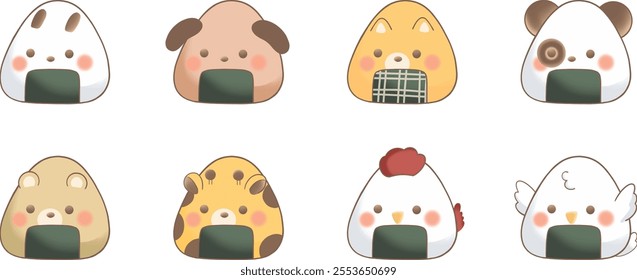 Rice balls wrapped in seaweed are shaped like rabbits, dogs, Shiba dogs, pandas, bears, giraffes, chickens, and birds.eps