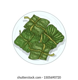 Rice in banana leaves hand drawn vector illustration. Khao Tom traditional Thai dessert isolated on white background. Sweet rice wrapped in foliage with bamboo stripes. Indonesian cuisine dish.