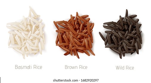 Rice basmati, brown and wild grain piles top view isolated on white background. Vegetarian organic raw food, different cereals types for sushi and healthy eating, realistic 3d vector icon, clip art