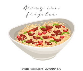 Arroz con judías negras en un plato profundo, cocina latinoamericana. Ilustración alimentaria, vector	
