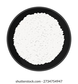 Rice in a black bowl. Flat vector illustration, top view, isolated on white background. Minimal food icon for menu and cuisine designs.
