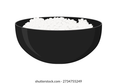 Arroz numa tigela preta. Ilustração vetorial plana, vista lateral. Isolado em um fundo branco