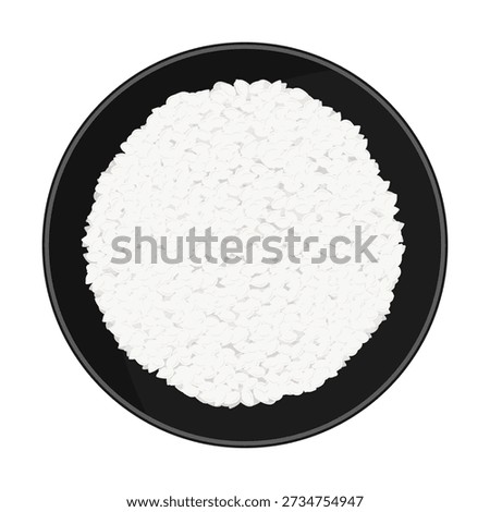 Rice in a black bowl. Flat vector illustration, top view, isolated on white background. Minimal food icon for menu and cuisine designs.
