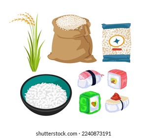 Rice in bowl and bag and sushi vector illustrations set. Cartoon drawings of growing and packaged rice, Asian meal with fish isolated on white background. Food, Japanese cuisine concept