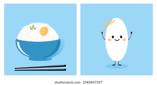 Rice bowl with boiled egg, green onion, chopsticks and rice seed cartoon icon sign on blue background vector. 