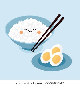 Rice bowl cartoon with chopsticks and boiled egg plate on blue background vector illustration. Cute cartoon food.