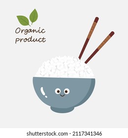 Rice bowl cartoon with chopsticks, green leaves  on white background. Organic products logo vector.