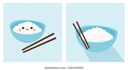 Rice bowl cartoon with chopsticks on blue background vector illustration.