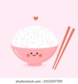 Rice bowl cartoon, chopsticks and red heart on pink background vector illustration.