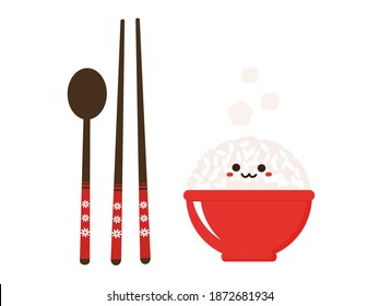 Rice bowl cartoon with chopsticks and spoon icon isolated on white background vector illustration. Cute cartoon food elements.