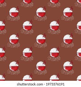 Rice bowl cartoon seamless pattern pixel art. Vector illustration.