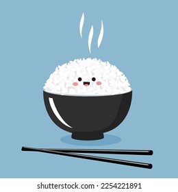 Rice bowl cartoon with smoke and chopsticks on blue background vector illustration. Cute cartoon food.