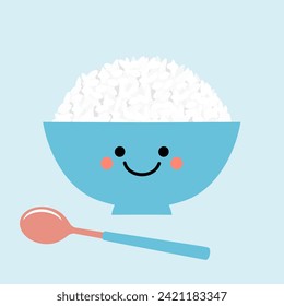 Rice bowl cartoon and spoon icon sign on blue background vector illustration. Cute cartoon food.