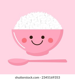 Rice bowl cartoon with spoon on pink background vector illustration.