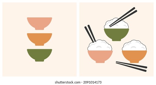 Rice bowl cartoons with chopsticks and empty bowl icons on pastel background vector illustration. Food art wallpaper.