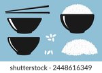 Rice bowl, ceramic bowls, chopsticks, rice seed icon set on blue background vector.