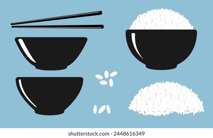 Rice bowl, ceramic bowls, chopsticks, rice seed icon set on blue background vector.