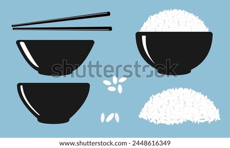 Rice bowl, ceramic bowls, chopsticks, rice seed icon set on blue background vector.