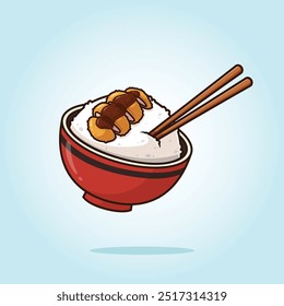 Rice bowl with chicken katsu black pepper sauce and wooden chopsticks. food vector cartoon illustration