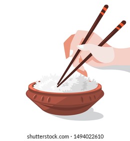 Rice bowl. Chinese grain dish, asian food. Vegetarian meal, delicious cuisine. Hand holding chopsticks. Isolated vector illustration in cartoon style
