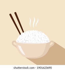 Rice Bowl With Chopstick Icon Vector. Cute Cartoon Food.