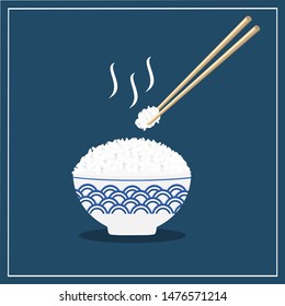 Rice in a bowl with chopstick isolated on blue background vector illustration. beautiful cartoon food for restaurant.