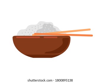 Rice in a bowl with chopstick isolated on white background vector illustration. Сartoon food vector icon. Rice in a bowl with chopstick