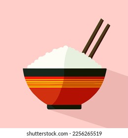 Rice in a bowl with a chopstick isolated on a pink background vector illustration. beautiful cartoon food for restaurant.