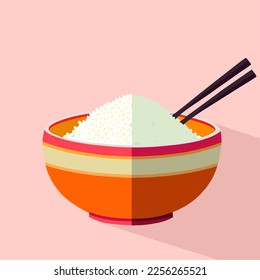 Rice in a bowl with a chopstick isolated on a pink background vector illustration. beautiful cartoon food for restaurant.