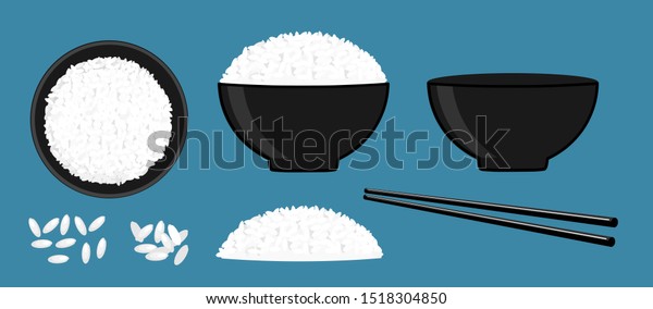 Rice in a bowl with chopstick isolated on blue\
background vector illustration. Set of beautiful cartoon food\
icons. \
\
