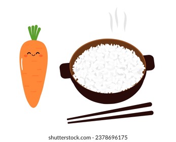 Rice bowl with chopsticks and carrot cartoon icon sign isolated on white background vector illustration.