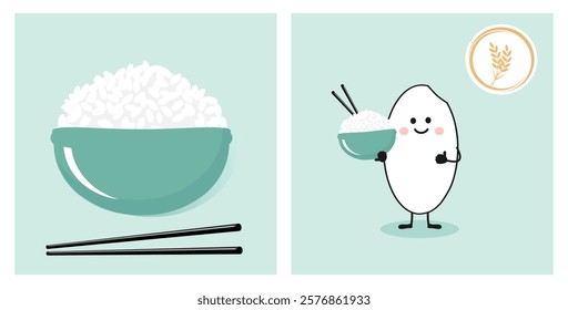 Rice bowl with chopsticks, rice cartoon and  logo sign on green background vector.