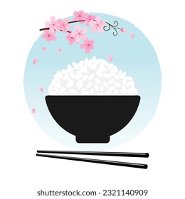 Rice bowl with chopsticks and Cherry blossom branch Sakura flower on circle blue sky background vector.
