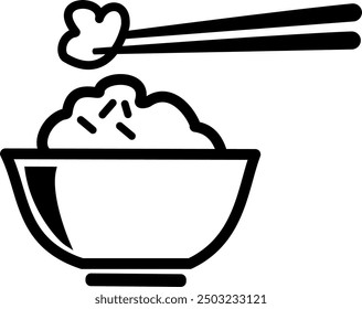 Rice bowl and chopsticks filled  icon. Oriental food symbol. Replaceable vector design.