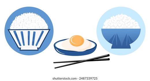 Rice bowl with chopsticks and 
fried egg icon set isolated on white background vector.