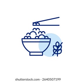 Rice in bowl, chopsticks and gluten free symbol. Dietary restrictions, food labelling. Pixel perfect, editable stroke vector icon. Asian cuisine
