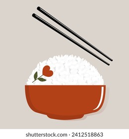 Rice bowl with chopsticks and heart shape flower vector illustration.