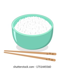 Rice bowl and chopsticks icon isolated on white background vector. Cute cartoon food.