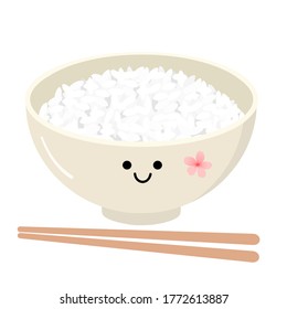 Rice bowl with chopsticks icon isolated on a white background vector. Cute cartoon food.