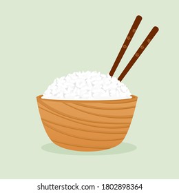 Rice bowl with chopsticks icon isolated on green background vector. Cute cartoon food elements.