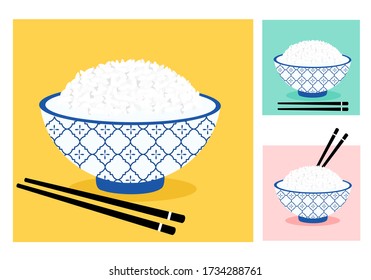 Icono de cuenco de arroz y palillos en la ilustración del vector de fondo. Ícono de la comida de dibujos animados.