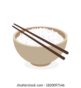 Rice bowl and chopsticks icon on white background vector illustration.