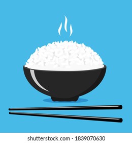 Rice bowl with chopsticks icon sign on a blue background vector illustration. Cute cartoon food for restaurant.