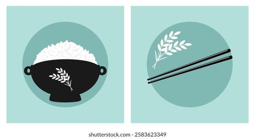 Rice bowl with chopsticks icon sign on green backgrounds vector.