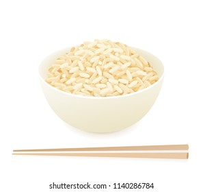 Rice in a bowl with chopsticks isolated on white background. Vector illustration