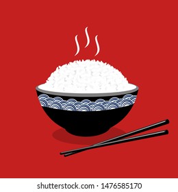 Rice in a bowl with chopsticks isolated on red background vector illustration. beautiful cartoon dish for Asian food.