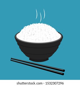 Rice in a bowl and chopsticks isolated on blue background vector. flat design 