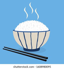 Rice in a bowl with chopsticks isolated on blue background vector illustration. cute cartoon food icon.